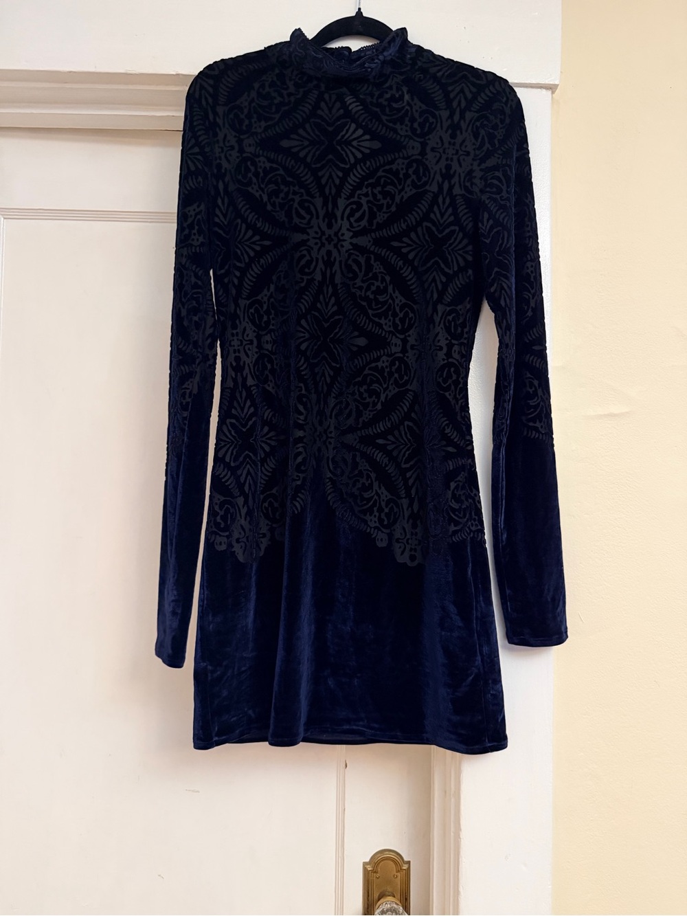 Free People Navy Velvet Burnout High-Neck Long Sleeve Mini Dress